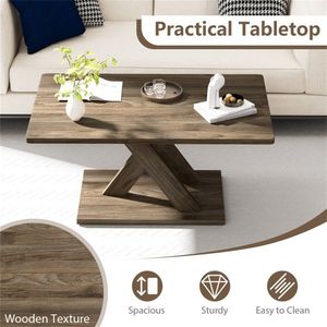 37.5 Inch <b>Rustic</b> Brown <b>Coffee</b> <b>Table</b> with Geometric Design and Wood Texture Durable Rubber Wood Plywood Frame - Product Image 5