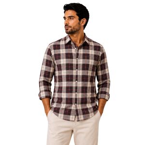 Chemise à manches longues pour homme en coton à carreaux gris beige bordeaux, décontractée, boutonnée, personnalisable, vente en gros, vêtements de mode - Product Image 1