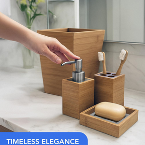 Juego de Accesorios de Baño Modernos y Naturales, 100% Materiales Crudos, Juego de Decoración de Baño de Bambú de 5 Piezas - Product Image 1
