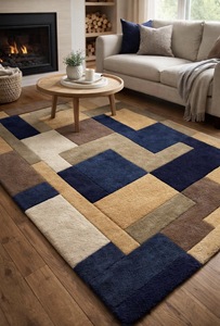 Alfombra de Lana Geométrica de Lujo Hecha a Mano, Alfombra Moderna Abstracta Antideslizante en Azul Marino, Beige y Marrón para Decoración de Sala de Estar - Product Image 3