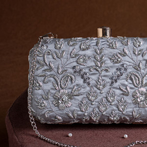 Bridal Zardozi Embroidered Pearl Half Moon Silk Clutch Bag with Golden Thread Work Casual Classic Fashion Soft Indian Purse - Product Image 5
