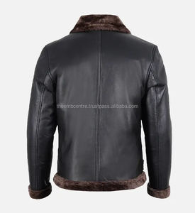 Chaqueta de cuero de bombardero de piel de oveja negra hecha a medida para hombre al mejor precio, chaqueta de cuero con cuello levantado a la moda para hombre - Product Image 3