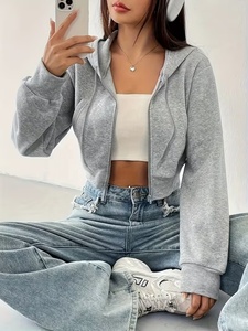 Sweat-shirt court gris pour femme, style streetwear, avec fermeture éclair sur le devant, couleur unie, décontracté, à manches longues, en coton tricoté, idéal pour l'automne – Grande Vente - Product Image 2