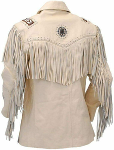 <b>Men</b>’s Traditional Western style Cream Leather <b>Jacket</b> Cowboy Leather <b>Jacket</b> With Fringes And Beads - Product Image 6