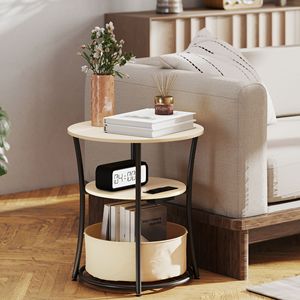 Natural Wood 3-Tier <b>Round</b> <b>Side</b> <b>Table</b> with Charging Station Fabric Storage Bag and Shelf As Coffee <b>Table</b> - Product Image 2