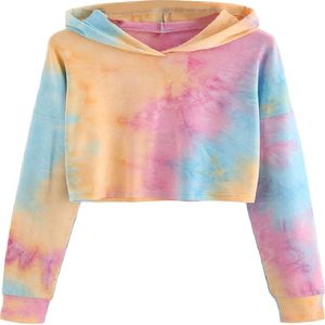 Sudadera Corta con Capucha para Mujer, Estilo Tie Dye, Manga Larga, Tejida en Algodón y Fibra de Bambú, Informal, para Invierno, con Diseño Arcoíris en la Parte Delantera - Product Image 1