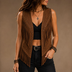 Chaleco de Cuero Genuino para Mujer, Color Marrón, Casual, Sin Mangas, con Flecos, Frente Abierto, con Tachuelas, Prenda Exterior de Moda para Dama, Superventas - Product Image 1