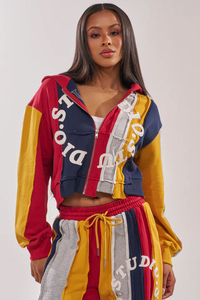 Conjunto Deportivo de 2 Piezas para Mujer, Sudadera Corta sin Mangas con Capucha y Bloques de Color, Pantalones Jogger Holgados, Tejido de Punto, Secado Rápido, Estilo Deportivo Otoñal - Product Image 6