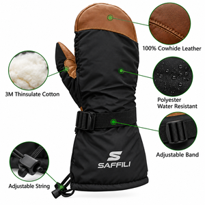 Mitaines de ski isolées pour l'hiver, en cuir de vachette, polyester, imperméables, sangle réglable, unisexe - Product Image 1