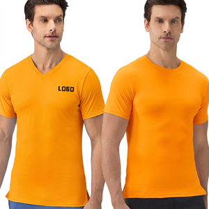 T-shirt pour homme à col en V, manches courtes, coupe ajustée, couleur unie, tissu en jersey de coton respirant, impression de logo sur le devant, style décontracté - Product Image 2