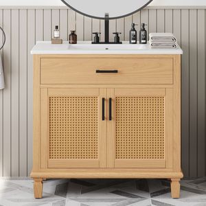 Mobile bagno moderno in rattan da 36 pollici con lavabo in ceramica, ante e cassetti a chiusura ammortizzata, e rivestimento per vasca autoportante - Product Image 4