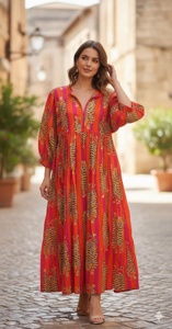 Cotton Floor Length Dress V Neck <b>Three</b> Quarter Puff Sleeves Loose Fit Animal Pattern Women Daily Wear Embroidery - Product Image 4