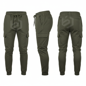 Men's Olive Green Cargo Sweatpants Elastic Waist Drawstring Multiple Pockets Casual Joggers Midweight Canvas Fabric Autumn Wear - Product Image 2