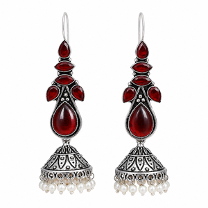 Wholesale <b>Oxidized</b> Silver Red Gemstone Bollywood Jhumka Earrings Bulk Supplier Direct Factory Manufacturer - Product Image 1