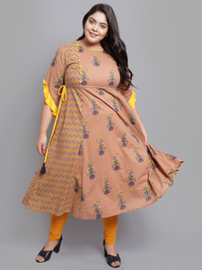 Multi Floral <b>Printed</b> Cotton A LINE Kurti With Boat Neck And Three Quarter Sleeves For Plus Size Women's Fashion - Product Image 4