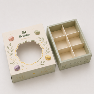 กล่องมาการองพรีเมียม ECOREV แบบ 6 ช่อง พร้อมตัวแบ่งช่อง วัสดุกระดาษแข็งแข็งแรง พร้อมหน้าต่าง ดีไซน์ลายฟอยล์สีทอง - Product Image 2