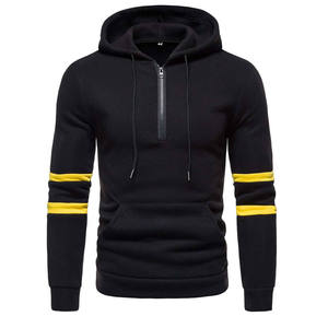 Men's Contrast Stripe Quarter <b>Zip</b> <b>Hooded</b> Pullover Fleece Sweatshirt with Kangaroo Pocket - Product Image 1
