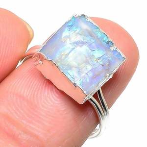 Natural Raw Rainbow Moonstone Gemstone Silver Electroplated Handmade Crafted <b>Adjustable</b> <b>Ring</b> For Women - Product Image 5