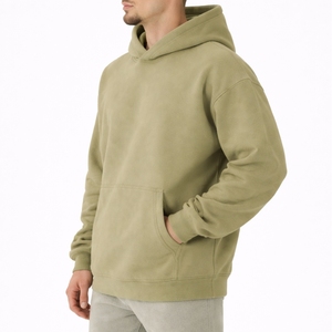 Sweat à capuche en molleton uni vert olive pour homme, 100% coton, automne, coupe ample, streetwear décontracté, haute qualité, poche kangourou - Product Image 4