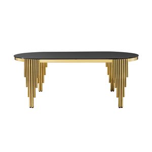 79.53\" Black Glass <b>Top</b> Oval <b>Dining</b> <b>Table</b> with Gold Stainless Steel Base Accommodates 8 Seaters - Product Image 2