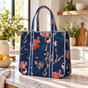 Artisan <b>Inspired</b> Navy Blue Cotton Quilted Tote <b>Bag</b> Romantic Floral Garden Print Women Shoulder Handbag <b>Wholesale</b> - Product Image 3