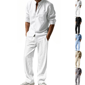Conjunto de Camisa y Pantalón de Lino para Hombre, Manga Corta, Estilo Casual, Holgado, para Verano, Material de Algodón y Lino - Product Image 6