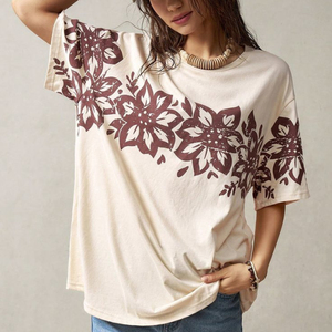 T-shirt à manches raglan blanc et rose pour femme avec imprimé 80, col rond, coupe décontractée, jersey en coton, manches courtes, toutes saisons - Product Image 1