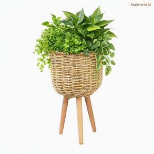 Support de plante en rotin tressé pour l'intérieur et l'extérieur, écologique, sculpté à la main, traditionnel, avec pieds en bois, pour la décoration de la maison - Product Image 2