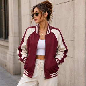 Veste universitaire pour femme, couleur marron et blanc contrasté, fermeture éclair, manches longues, col montant, tenue d'automne - Product Image 1