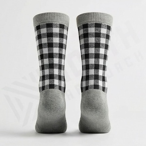Crew <b>Socks</b> Plaid Pattern <b>Black</b> White Gray Breathable Knitted Regular Style Adult Casual Wear - Product Image 2