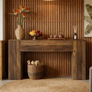 Consolle in Legno Teak Stile Tradizionale Design Rustico per Ingresso Appartamento Hotel Soggiorno con Elementi in Ferro e Marmo - Product Image 1