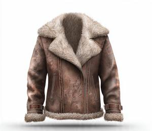 Blouson aviateur en cuir véritable pour homme avec doublure en fausse fourrure coupe-vent style moto fermeture éclair - Product Image 1
