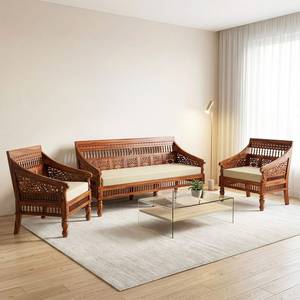 Solid Sheesham Wood 5 Seater <b>Sofa</b> Set Handcrafted Carved Design <b>Foam</b> Fabric Covered Traditional Design for Villa Hotel Use - Product Image 1
