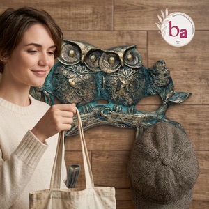 Porte-manteau mural double réglable en fonte de laiton bleu vieilli, motif hibou, fait main, écologique et durable, pour vêtements - Product Image 3