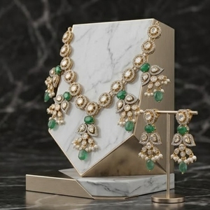 Collar Kundan de Plata 925 con Piedras Verdes y Pendientes, Diseño Tradicional para Bodas, Joyería con Cuentas para Mujer - Product Image 4