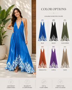 Robe longue bohème bleue pour femme, col plongeant en V, dos nu, pour soirée, 100 % coton, coupe trapèze, vente en gros, fournisseur direct d'usine - Product Image 2