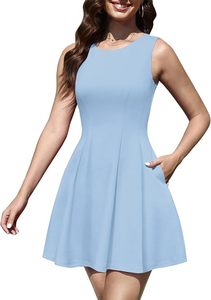 Robe mini sans manches à col rond, coupe trapèze, bleu clair uni, décontractée, respirante, ajustée, avec poches, pour l'été - Product Image 6