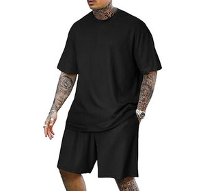 Mens solid color crew neck Casual <b>knitted</b> summer outfit Pink 100% cotton t-shirt Shorts <b>set</b> for men's gym - Product Image 5