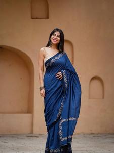 Sari traditionnel en coton bleu pour femmes - Vêtement ethnique de haute qualité, infroissable, protection solaire pour mariages, festivals, fêtes - Product Image 2