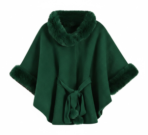Manteau Cape en Laine Verte pour Femme avec Col et Poignets en Fausse Fourrure, Poncho Ceinturé, Élégant, Chaud et Tendance pour l'Hiver, Vêtement d'Extérieur de Luxe, Vente en Gros OEM Personnalisée - Product Image 1