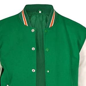 Custom Green Cream Snap Button Varsity Jacket Striped Rib Knit Collar Cuffs Hem Classic Letterman <b>Coat</b> Wholesale Apparel Bulk - Product Image 6