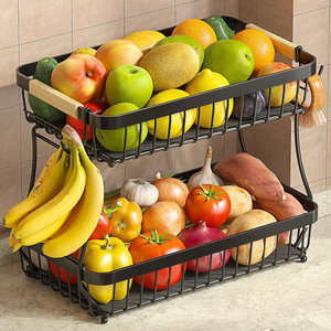 Flat <b>Rectangular</b> Wire <b>Storage</b> <b>Basket</b> Set with Wooden Handles Countertop Produce Tray - Product Image 3