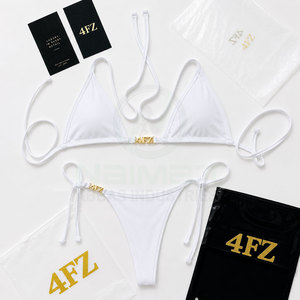 4FZ Women's White Bikini Set Triangle Top <b>Thong</b> Bottom Drawstring Solid Color Swimwear Stretch Nylon Spandex Front High Support - Product Image 1