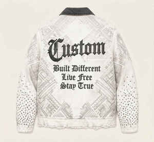 Veste en jean vintage personnalisée à clous, imprimé géométrique, col contrastant, fermeture éclair intégrale, doublure matelassée, streetwear décontracté - Product Image 5
