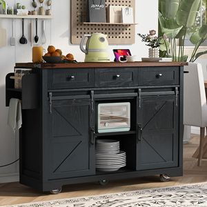 Carrello da Cucina Stile Fattoria da 136 cm con Presa di Corrente, 2 Ante Scorrevoli, Scaffale Porta Spezie Ribaltabile e Ruote - Product Image 2