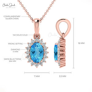 Envío Gratis: Colgante de Topacio Azul Suizo Natural de 6x4mm, Piedra de Nacimiento de Diciembre, con Halo de Diamantes Engastados en Oro Sólido de 14k, Venta al por Mayor - Product Image 5