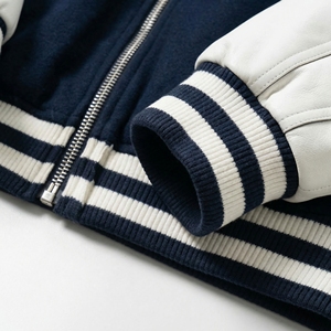 Navy Wool Body Varsity <b>Jacket</b> with <b>White</b> Leather Sleeves | Classic Letterman Bomber | OEM Custom Private Label - Product Image 6