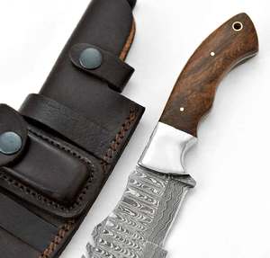 Cuchillo de hoja fija de acero de Damasco hecho a mano con mango de madera personalizado, herramienta EDC multiusos - Product Image 6