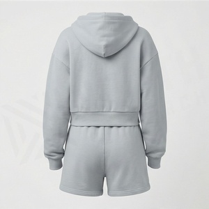 Conjunto de 2 piezas de sudadera con capucha y pantalones cortos de forro polar para mujer, color liso, ajuste holgado, ropa deportiva informal, por encima de la rodilla, con cremallera frontal, gris - Product Image 2
