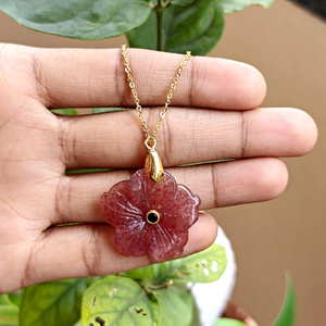 Luxurious cherry quartz blossom pendant necklace black cz gemstone 18k gold plated brass <b>cable</b> chain handmade statement jewelry - Product Image 5